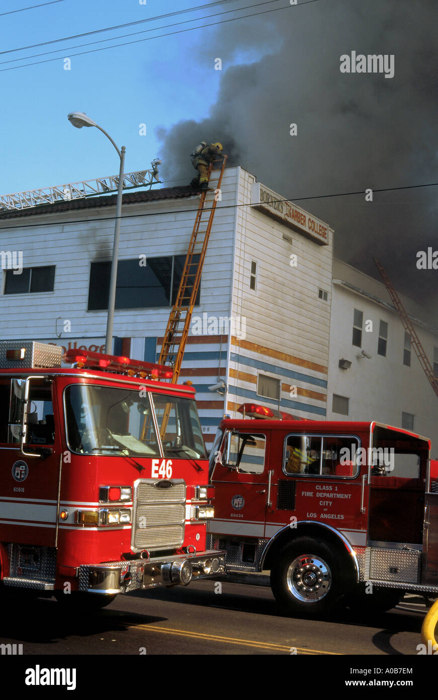 Fire fighting in Los Angeles, California at Western Avenue and 46th Street, November 15, 2006 Stock Photo