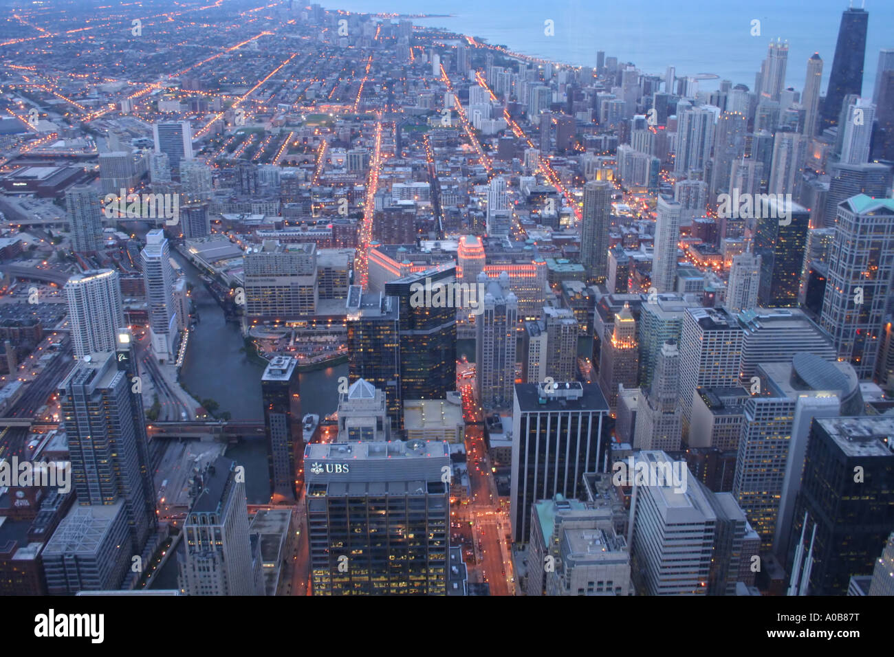 View north from Willis Tower formerly Sears Tower Chicago at dusk of