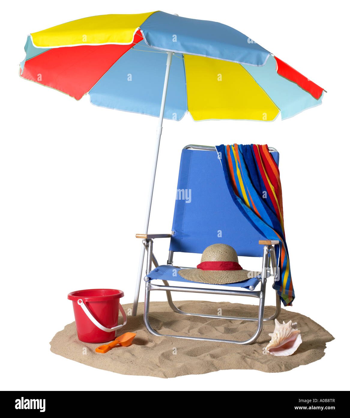 Blue Beach Chair with Umbrella towel hat shell bucket and shovel Stock