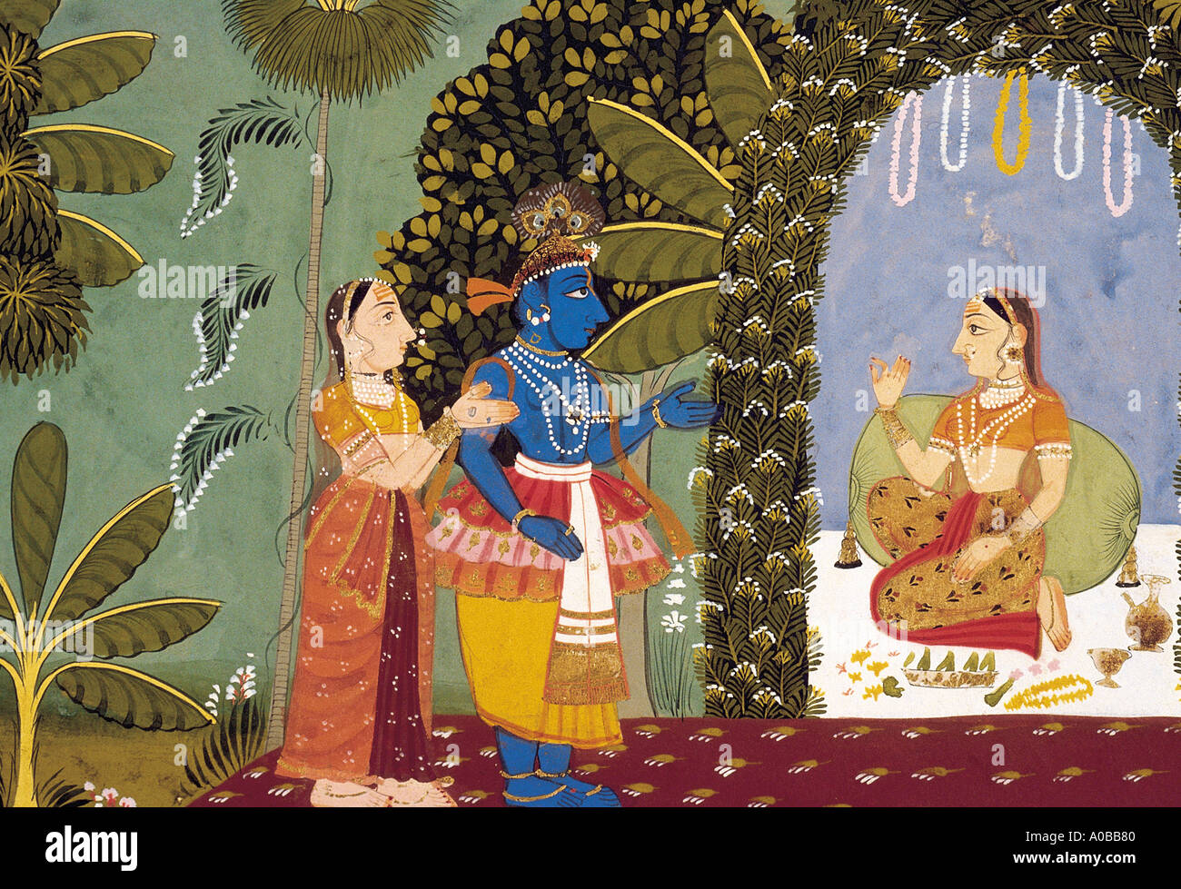 Krishna meets Radha. Painting scene from the Gita Govinda.  Mewar, Rajasthan India Dated 1715 A D Stock Photo