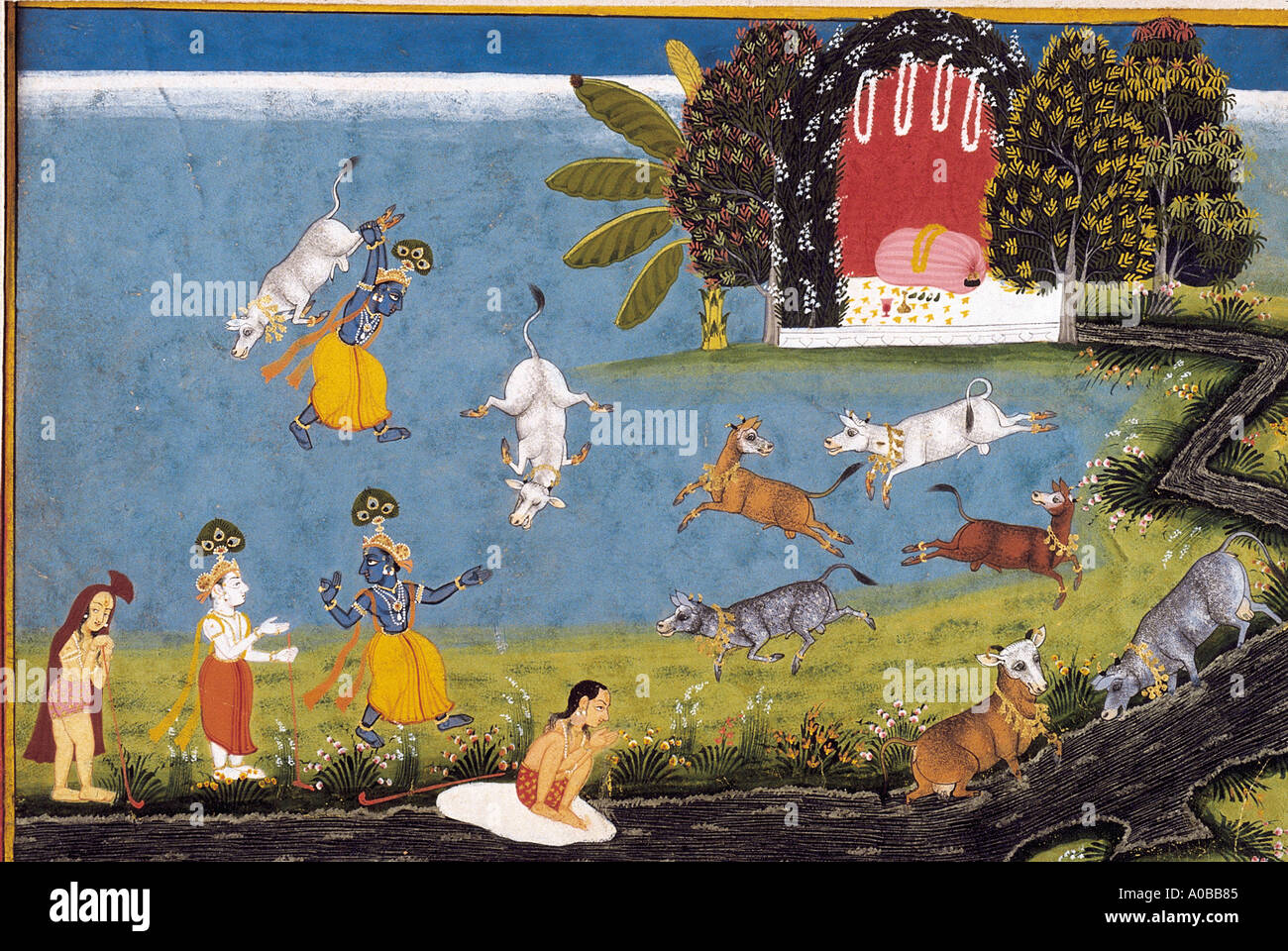 Krishna kills the bull demon Aristasura Scene from the Bhagavata Purana Mewar Rajasthan India Dated 1725 A D Stock Photo