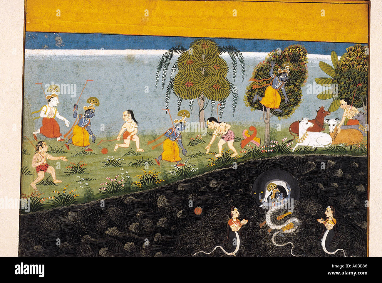 Krishna subdues Kaliya Scene from the Bhagavata Purana Mewar Rajasthan India Dated 1725 A D Stock Photo