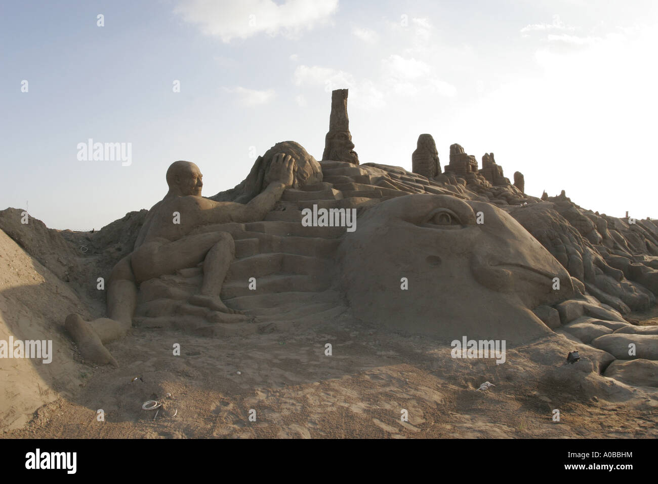 the legend of Sysiphos as a sand sculpture at the sand city festival at Lara Beach, Turkey, Tuerkische Riviera, Lara Beach, Ant Stock Photo