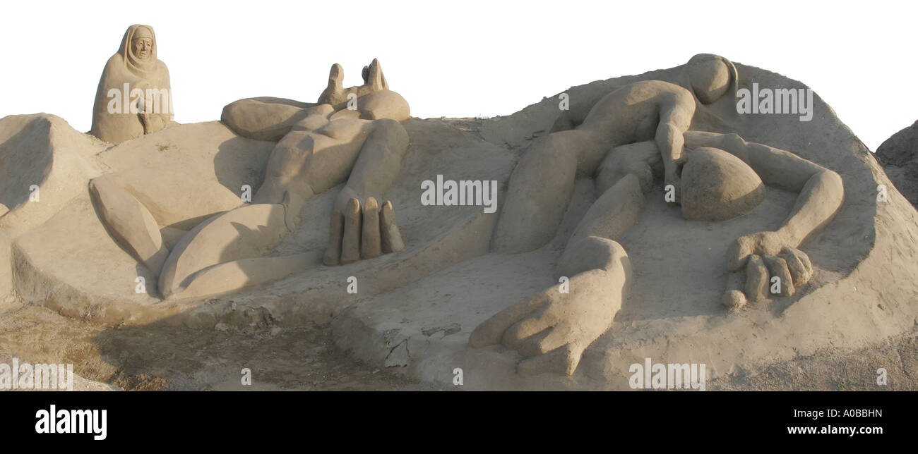 the legend of Serhat and Sirin as a sand sculpture at the sand city festival at Lara Beach, Turkey, Tuerkische Riviera, Lara Be Stock Photo