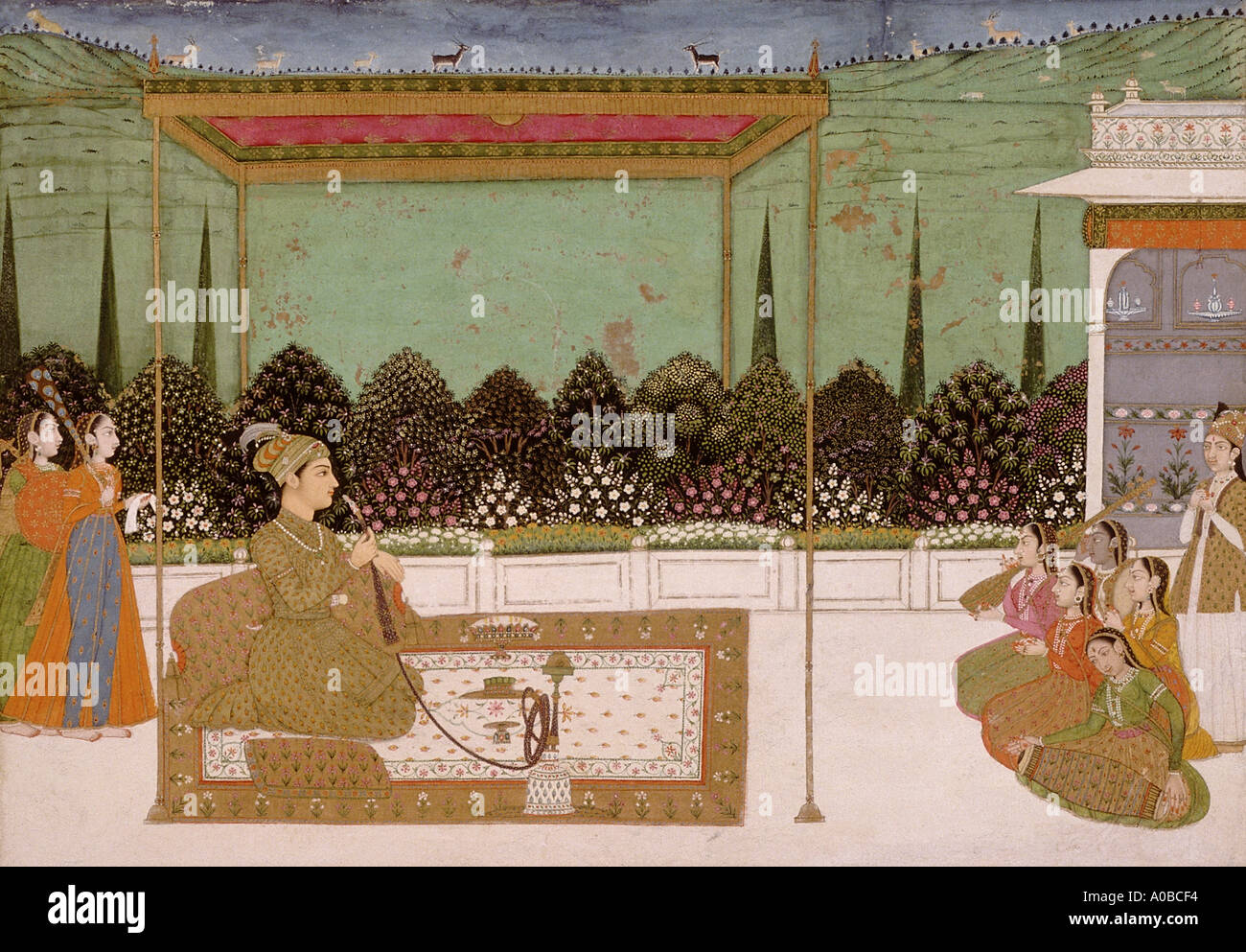 Mughal minitaure painting. Mughal Prince and musicians Dated 1775 A D Stock Photo
