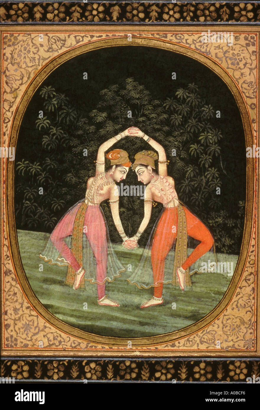 Mughal minitaure painting. Dancing girls dated 1775 A D Stock Photo