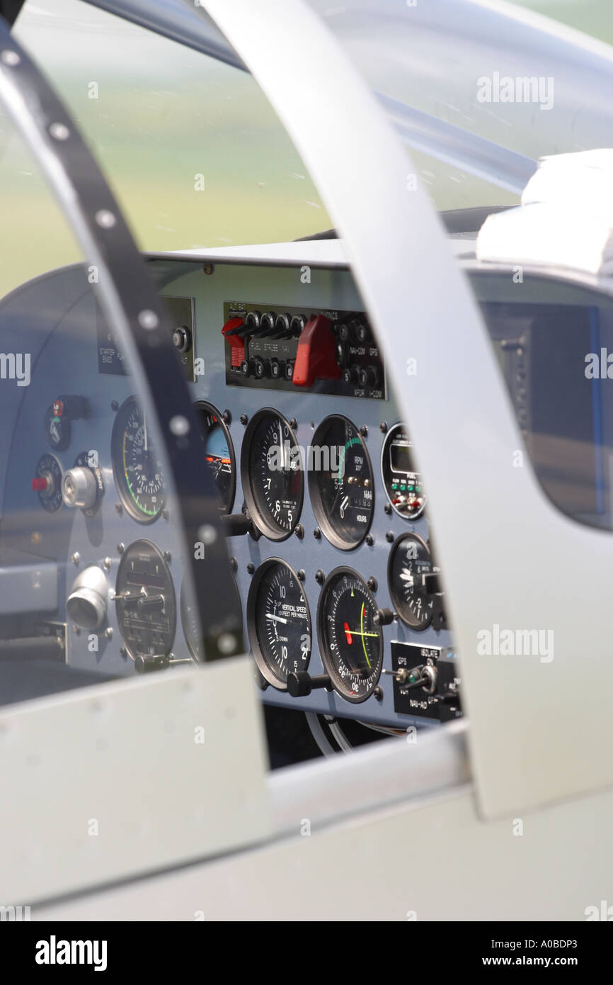 Cockpit flight instruments in a light training aircraft airplane Stock Photo