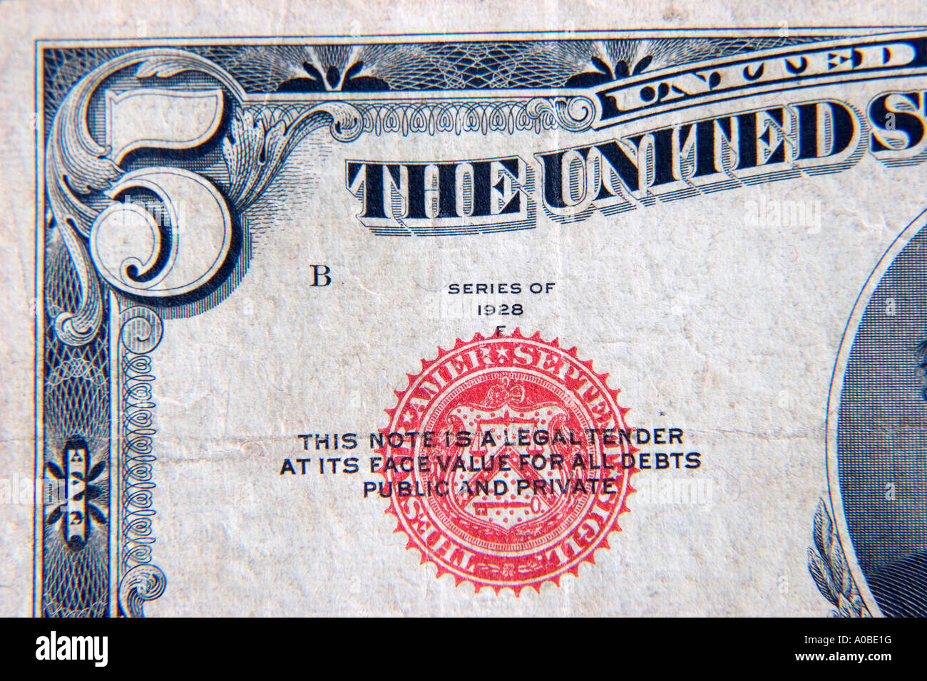 Close up of five dollar bill with red seal Stock Photo