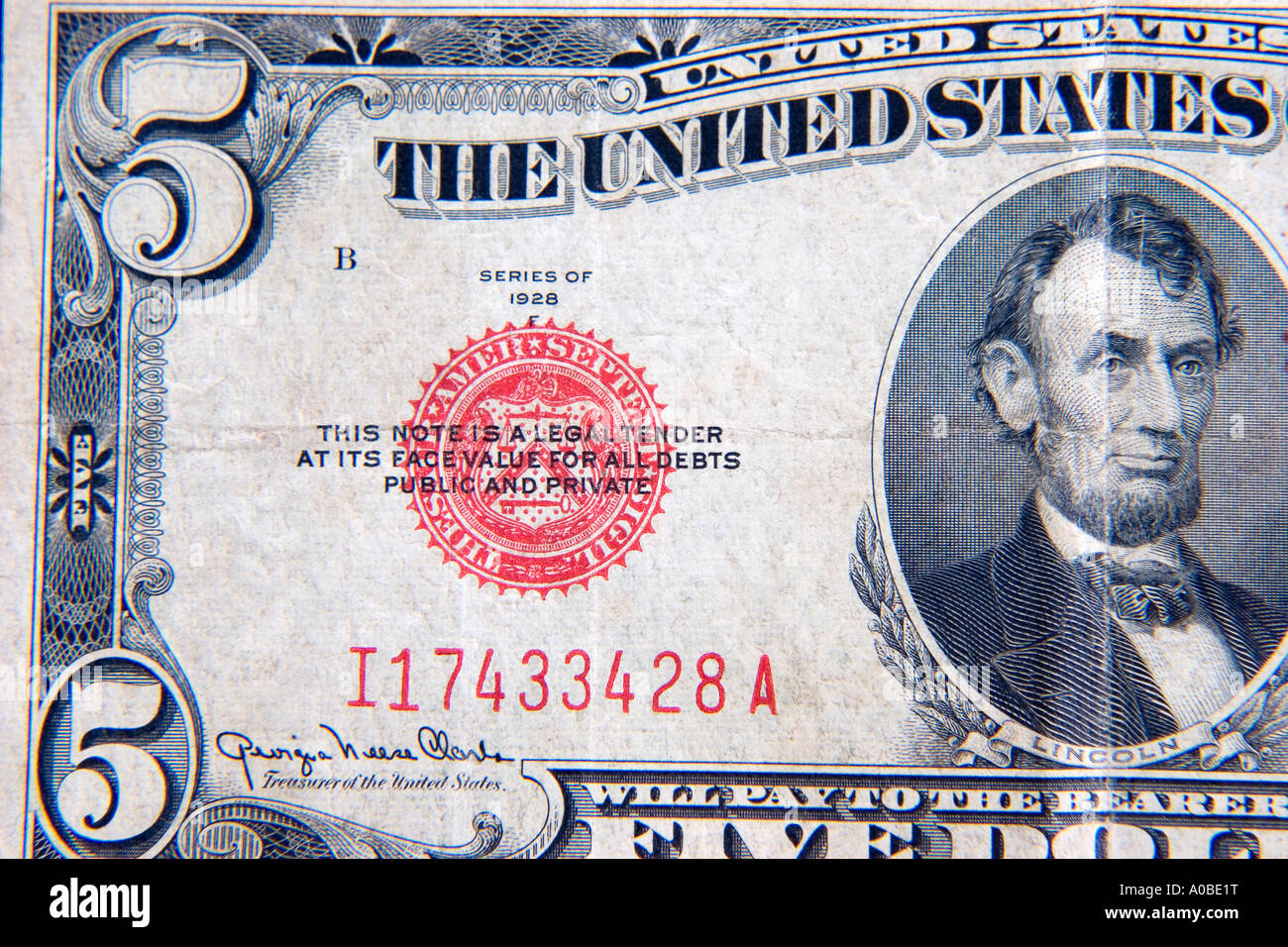 Vintage five dollar bill with red seal Stock Photo