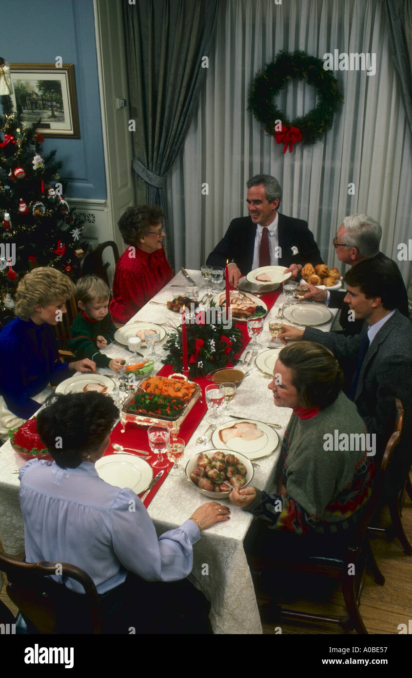 Family Christmas dinner Also have Thanksgiving dinner in the same setting Stock Photo