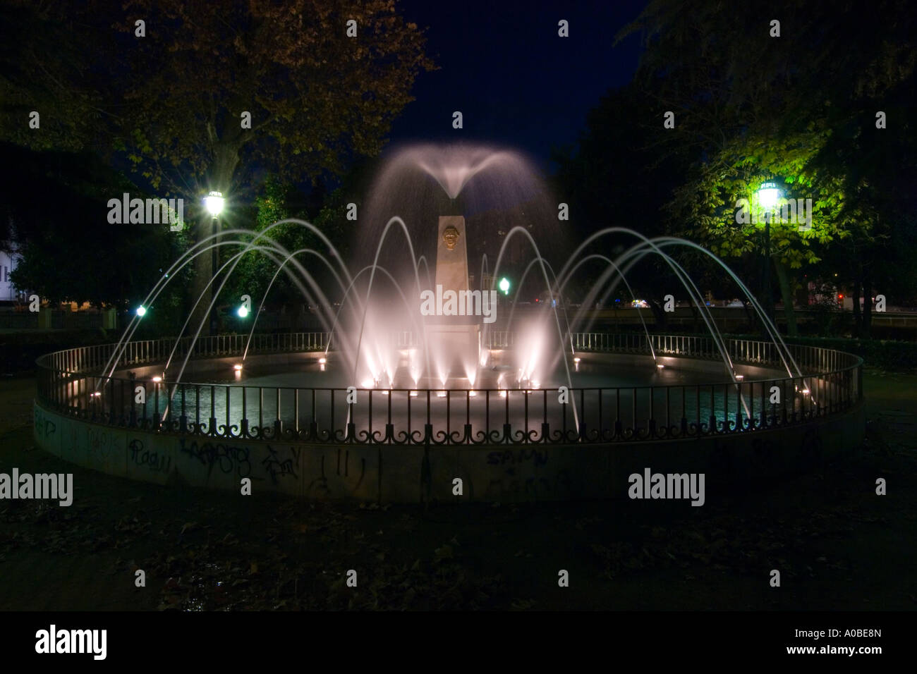 A beautifully lit fountain at night in Granada Andalucia Spain Stock ...