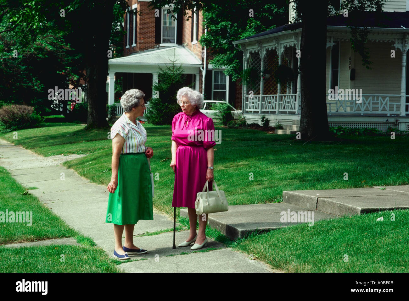 Marvine Bashore and Nellie Poorman on small town street in Wilmington Ohio Stock Photo