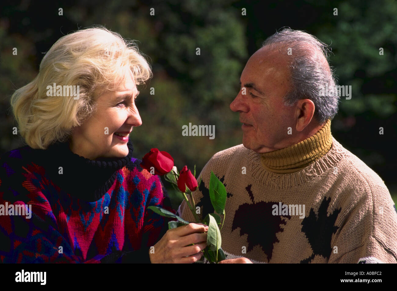 Mature couple man giving roses Stock Photo