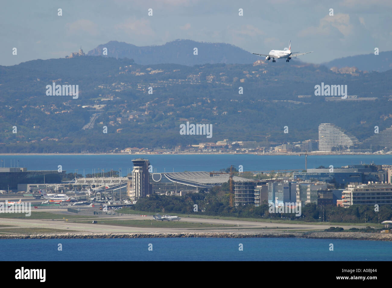 Aeroplane coming to land at Nice Airport France Stock Photo