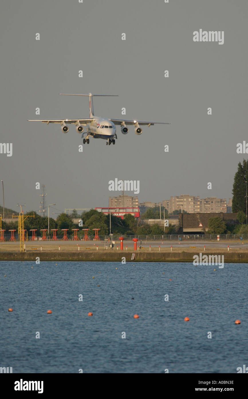 Short final of BAe 146 British Airways at London City Airport UK 2003 Stock Photo