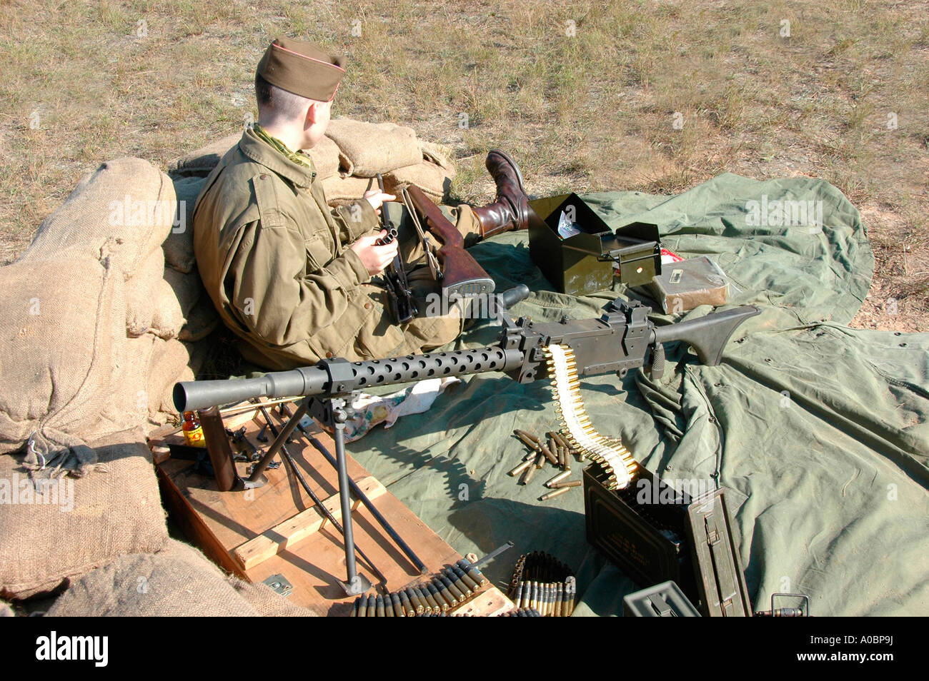 Actors during demonstration of world war 2 II display in Taccoa Georgia 501 501st of American soldiers with 30 caliber machine gun Stock Photo