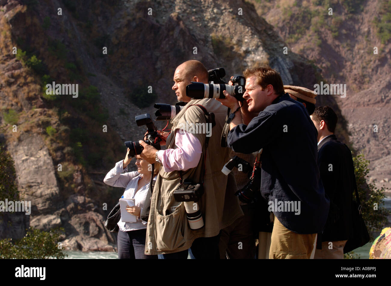 HRH Prince Charles and the Duchess of Cornwall visit the earthquake affected village of Pattika, Kashmir, Pakistan. Stock Photo