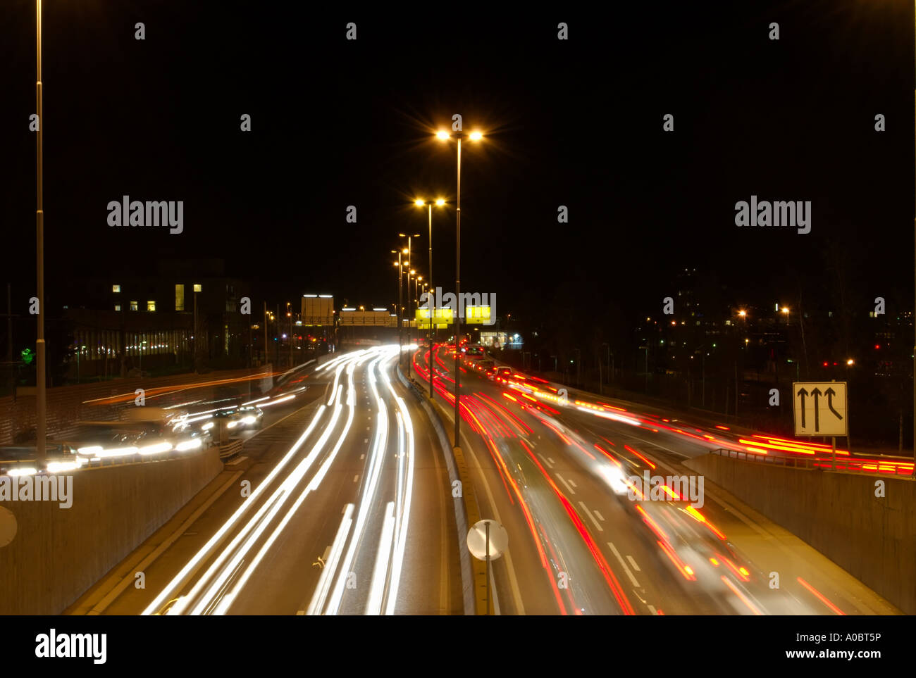 Lots of night traffic at a main road called Ring 3 running in the outskirts of Oslo the capitol city of Norway This image was ca Stock Photo