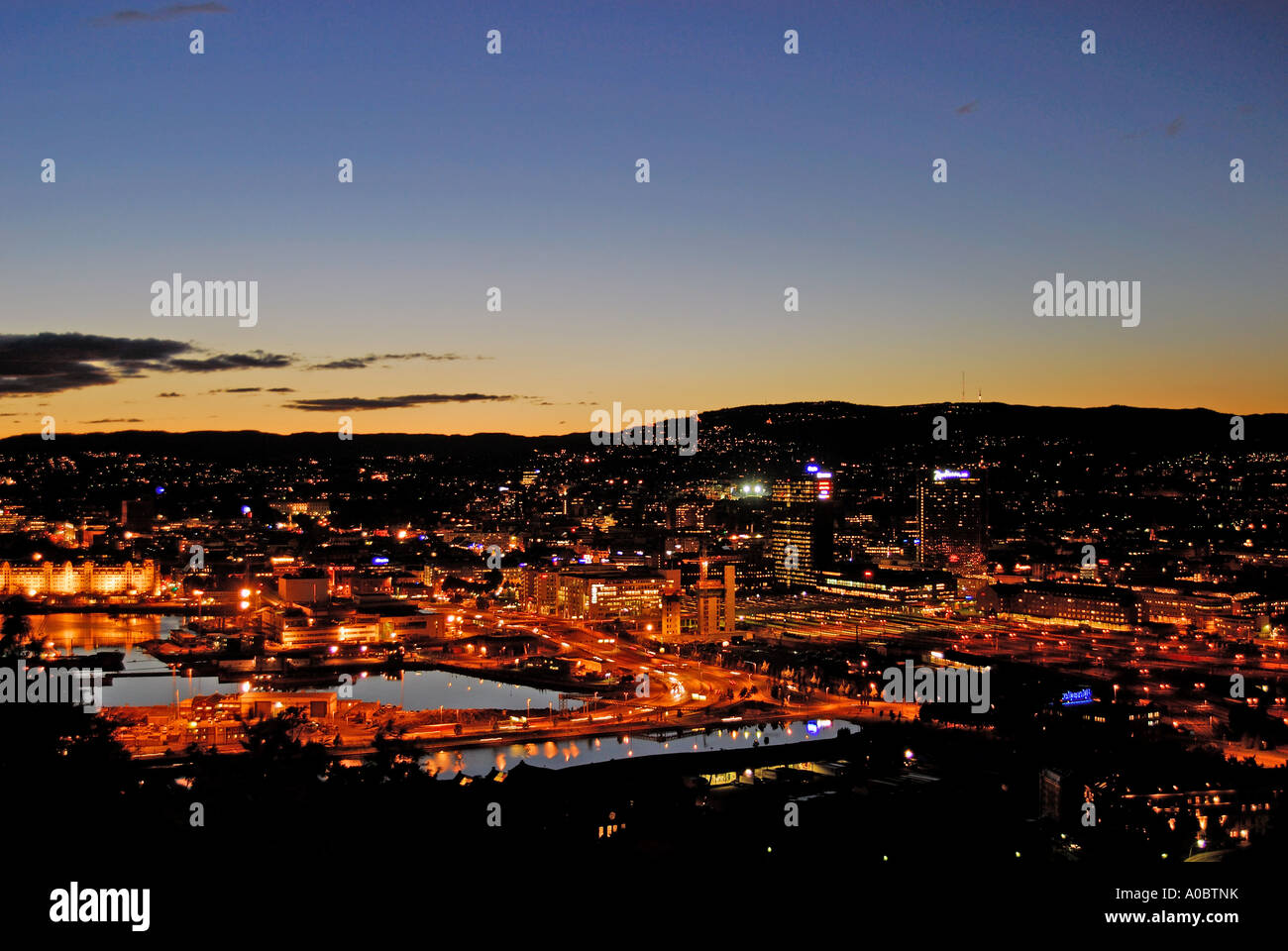 Oslo the capitol of Norway captured on a september evening from a height south of the city Stock Photo