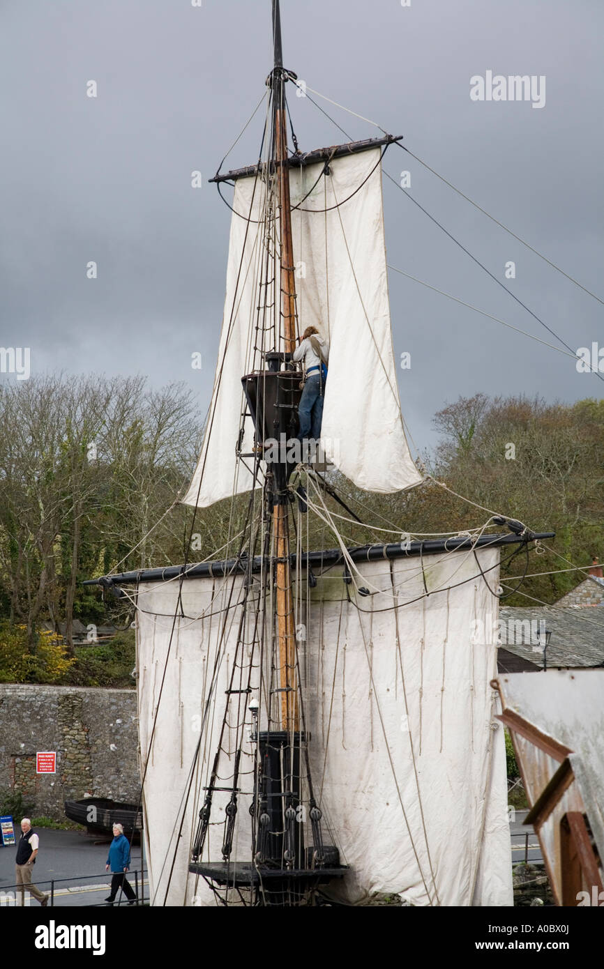 Working on the rigging of a tall ship Stock Photo
