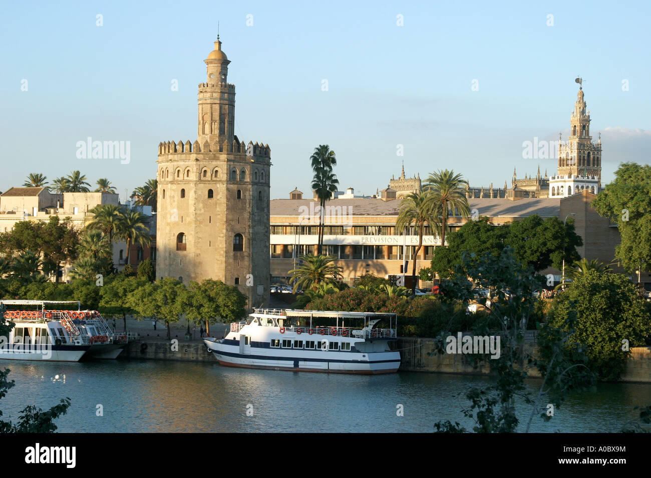 Cathedral Tower La Giralda and Torre de Oro in spanish Sevilla, Sevilla , Spain, Andalucia, Europe, EU Stock Photo