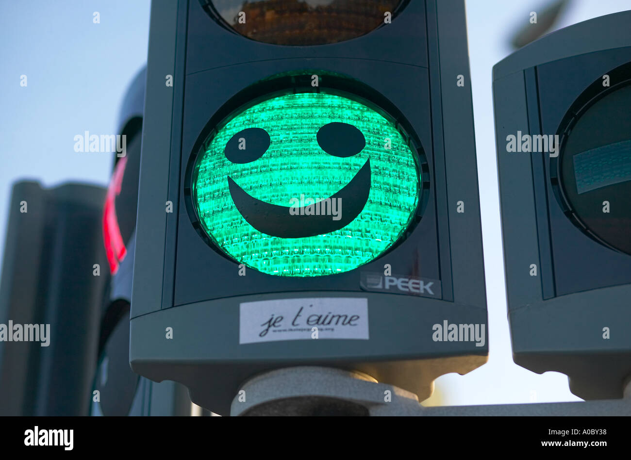 Smiley on green traffic light, Copenhagen, Denmark Stock Photo