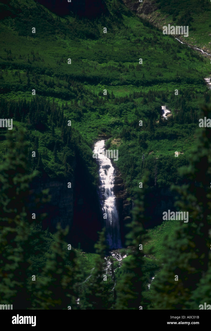 Waterfall in Glacier National Park Montana Stock Photo