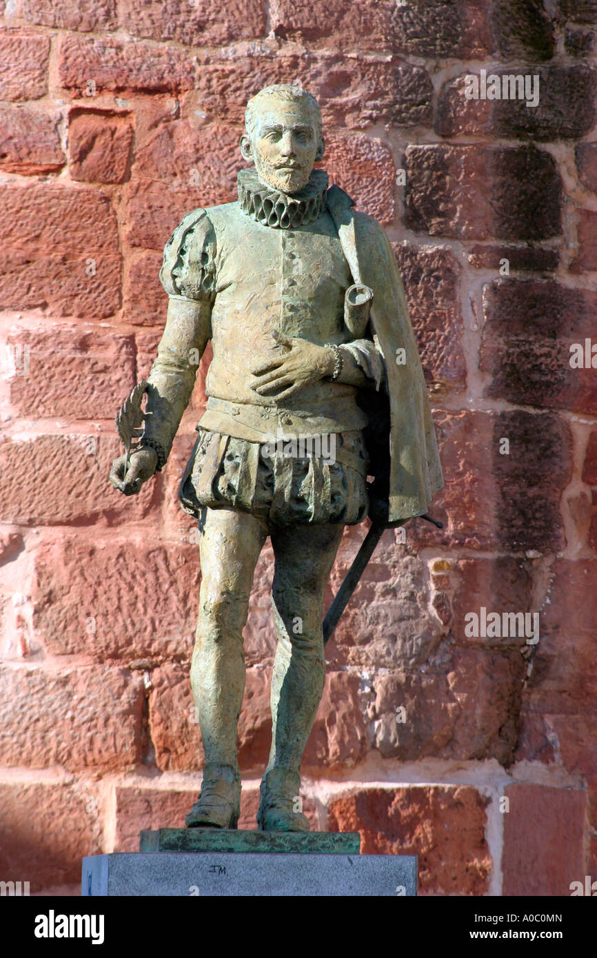 Cervantes Statue in spanish Alcazar de San Juan, Castilla La Mancha, Spain, Europe, Author of El ingenioso Hidalgo Don Quijote Stock Photo