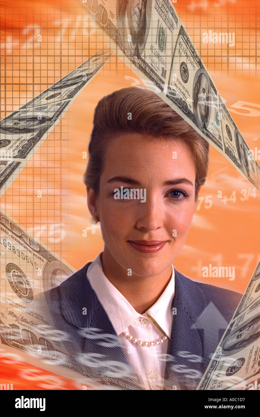 Businesswoman with montage of money Stock Photo