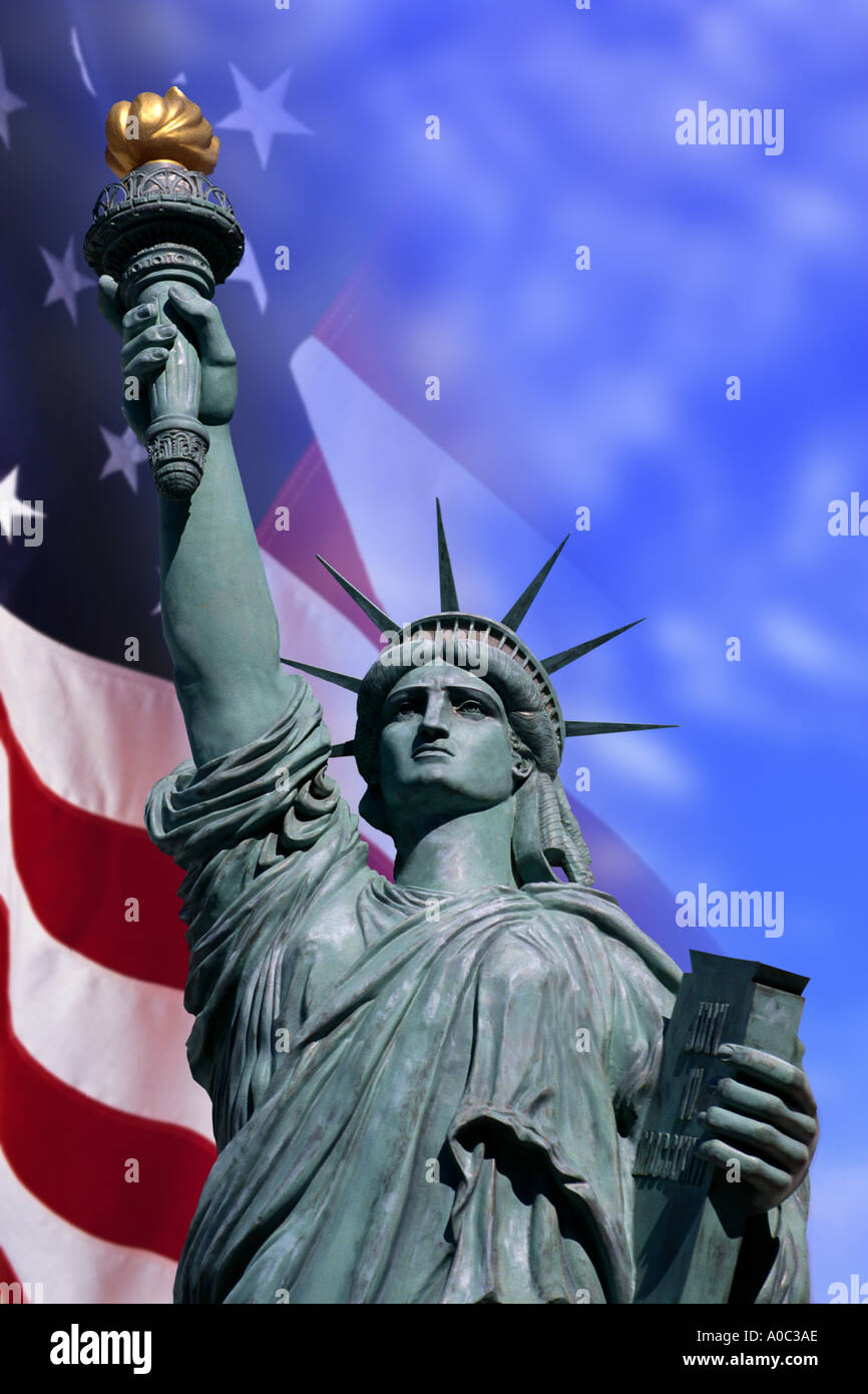 Statue of Liberty with American flag Stock Photo - Alamy