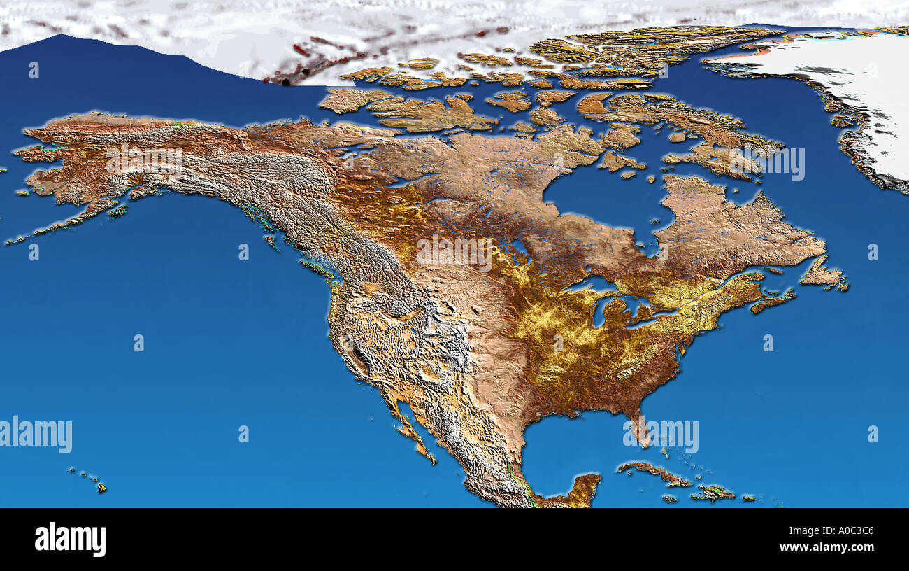 Satellite image of North America with shaded topographic relief Stock ...