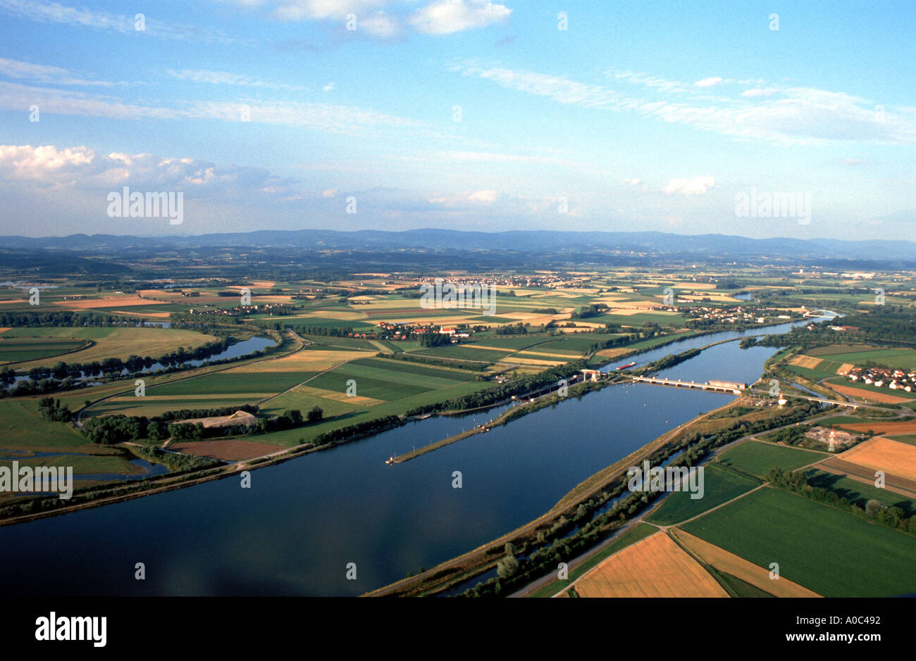 LOW BAVARIAN LANDSCAPE in the area of STRAUBING BAVARIA GERMANY blue ...