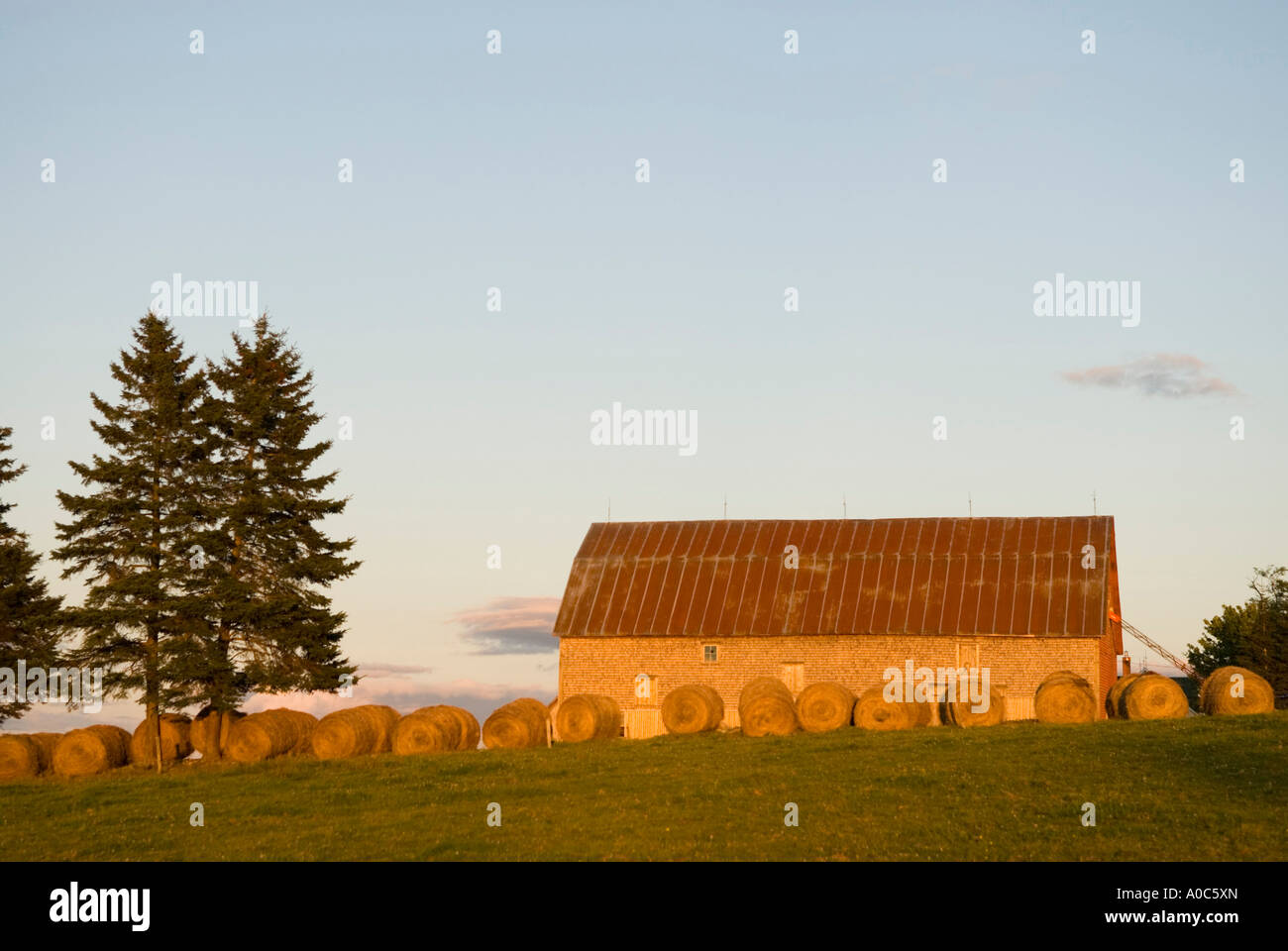 Stock image of large wooden barn with round hay bales infront of it at ...