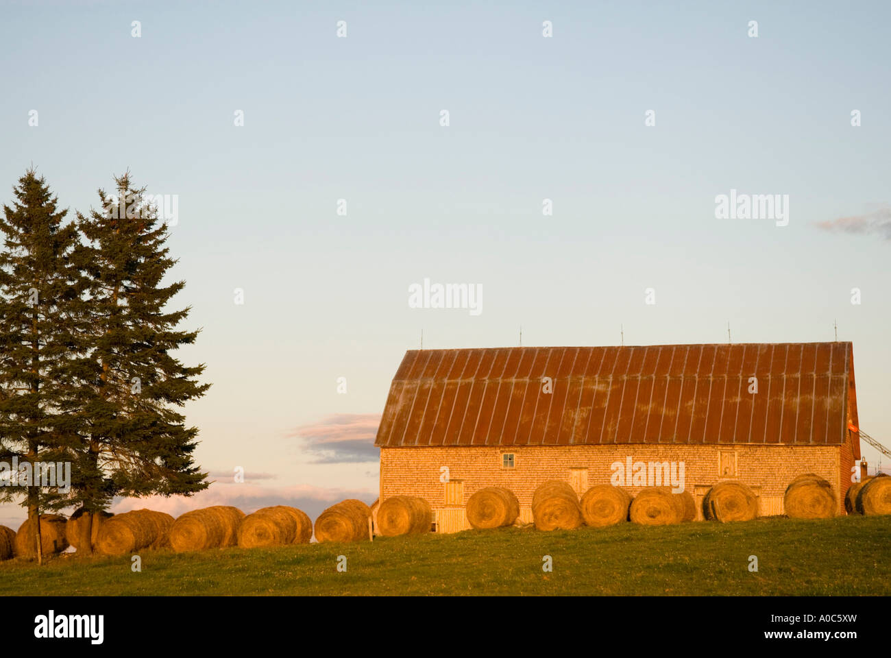 Stock image of large wooden barn with round hay bales infront of it at ...