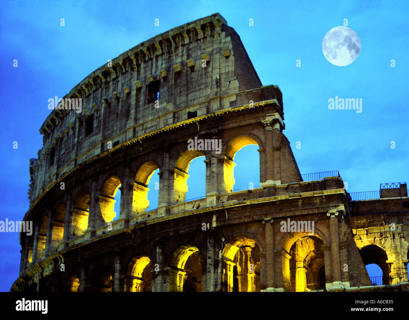 Colosseum Rome Italy Night with moon Stock Photo