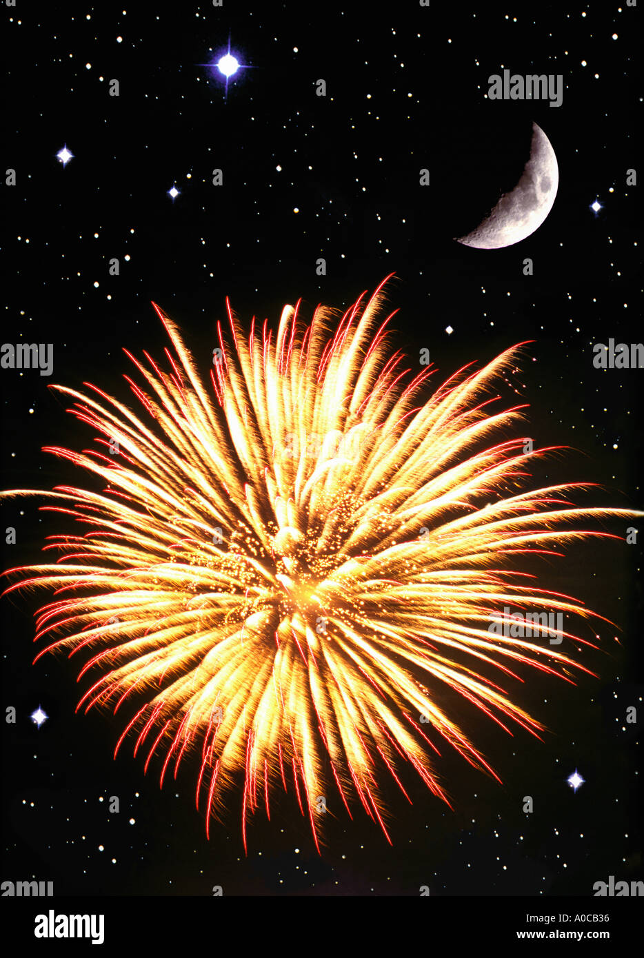 fireworks with moon stars Stock Photo