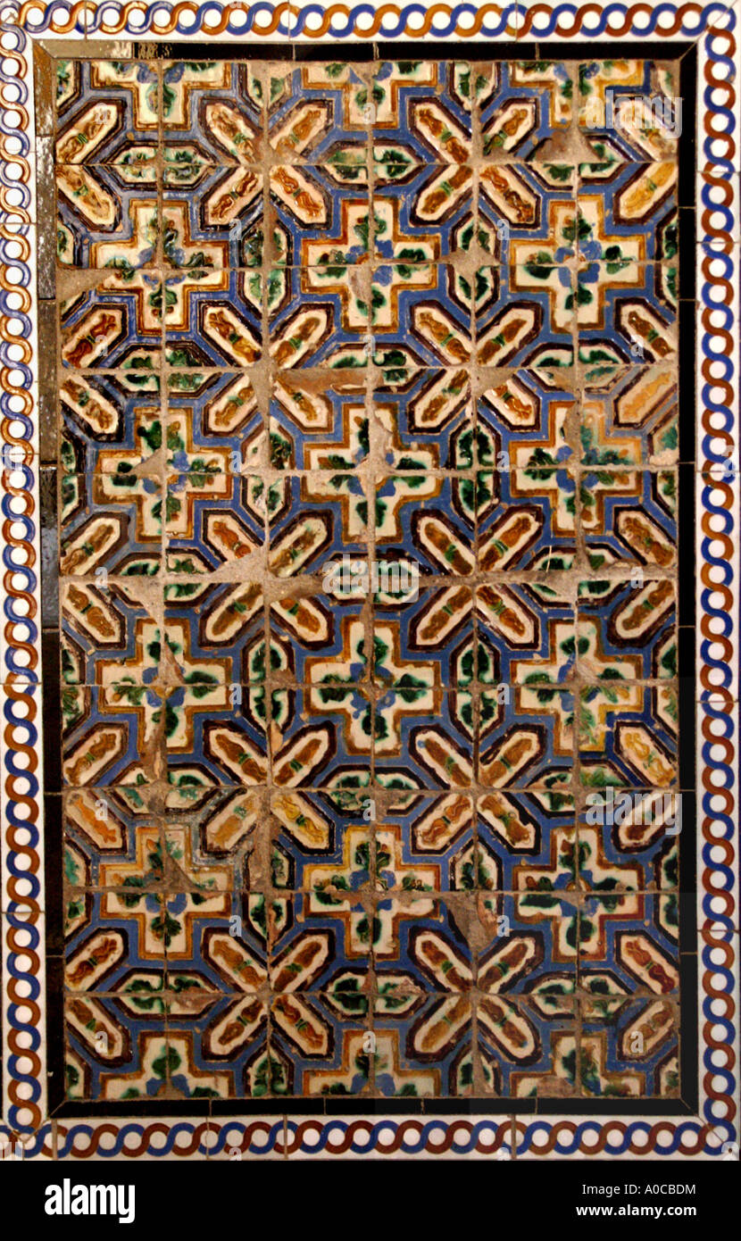 Moorish patterns on tiles in Alcazar former moorish fortress in Seville ...