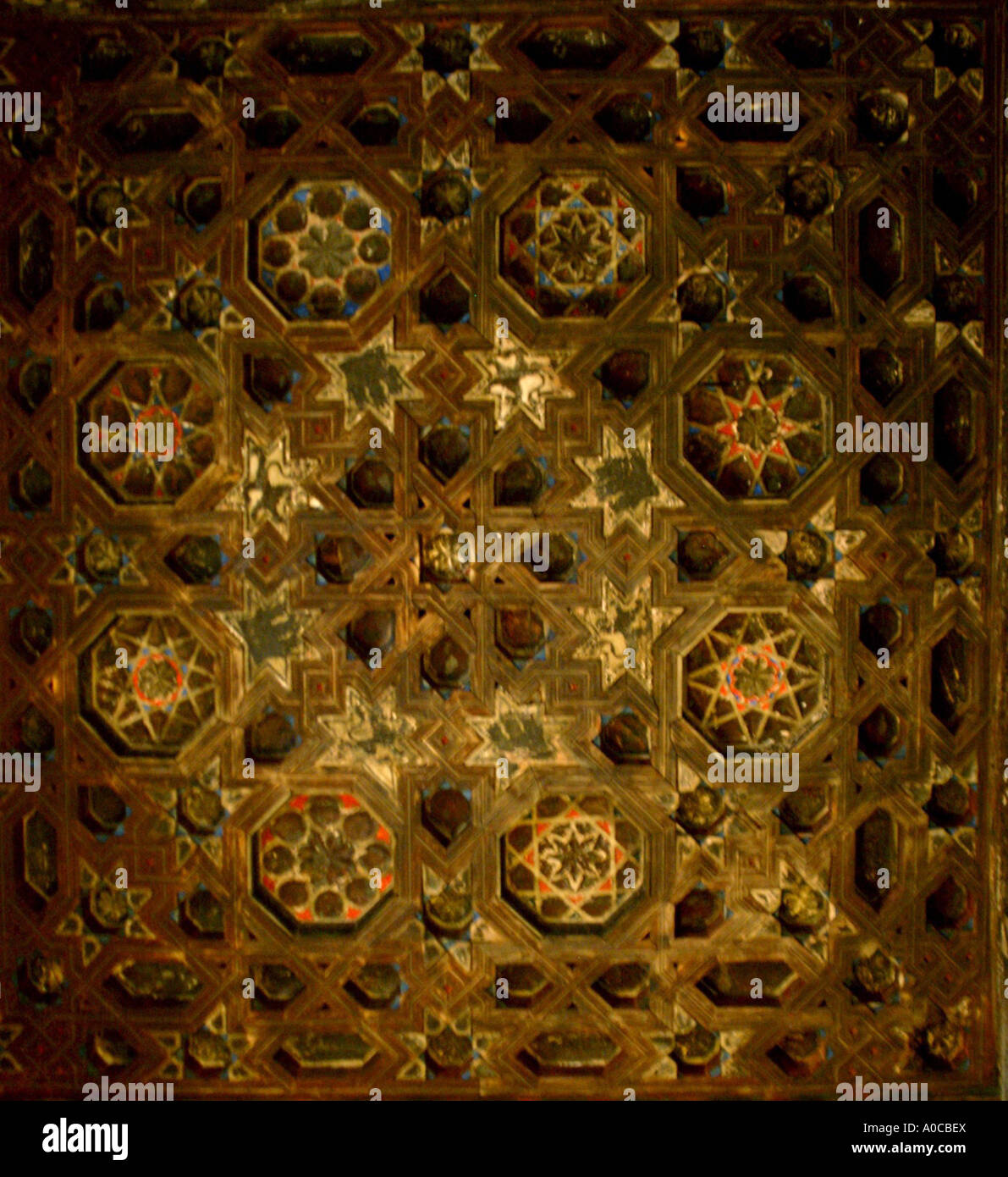 Ornate ceiling in Alcazar former moorish fortress in Seville Andalucia ...