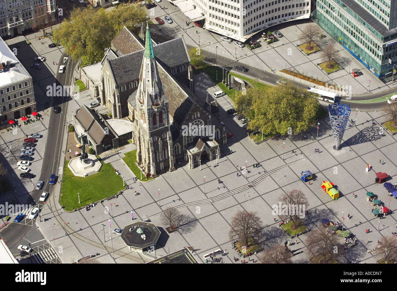 Cathedral Church of Christ, Cathedral Square, Christchurch, Canterbury, New Zealand aerial - before February 22, 2011 earthquake Stock Photo