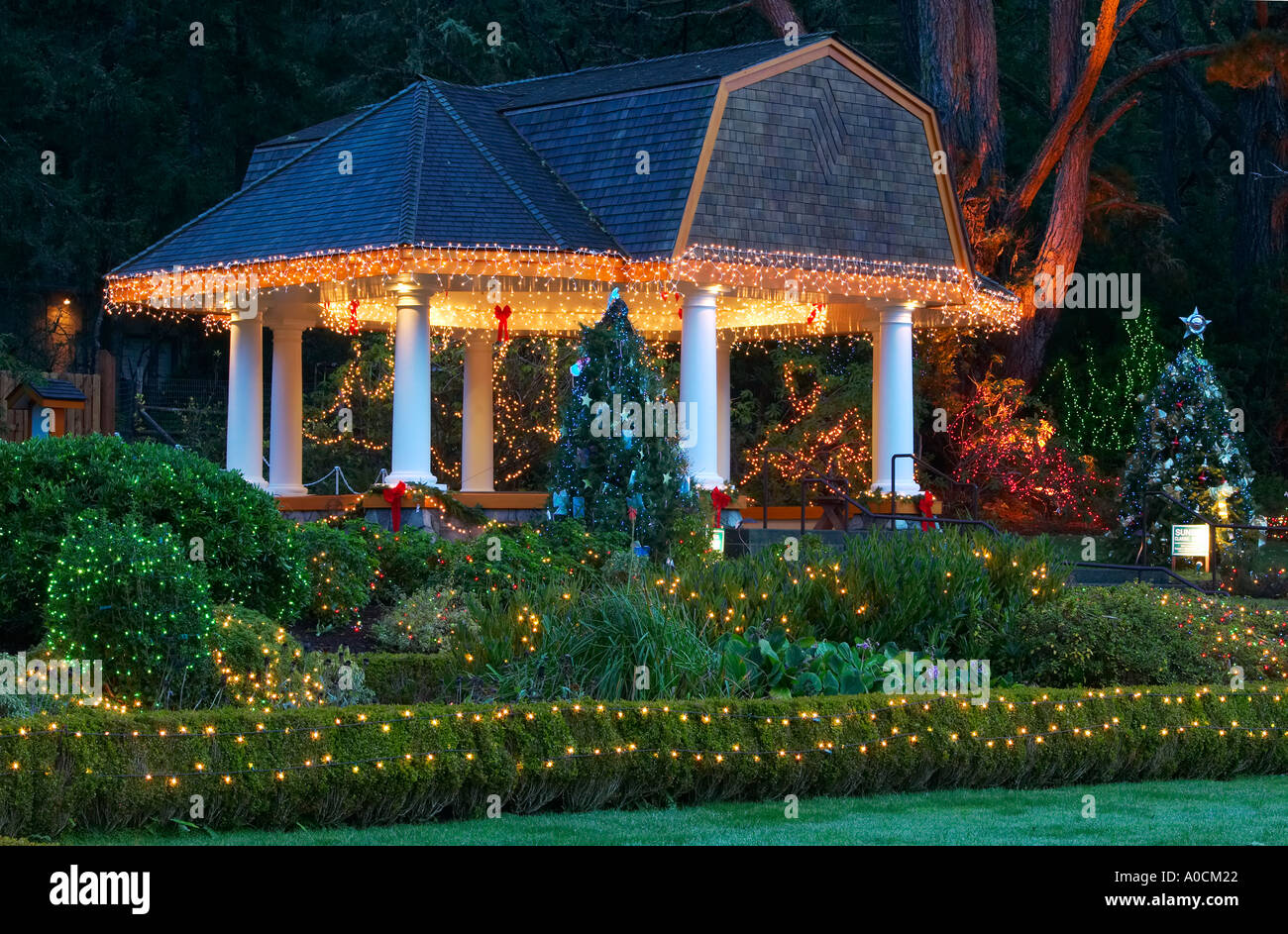 Christmas lights on gazebo at Shore Acres State Park Oregon Stock Photo