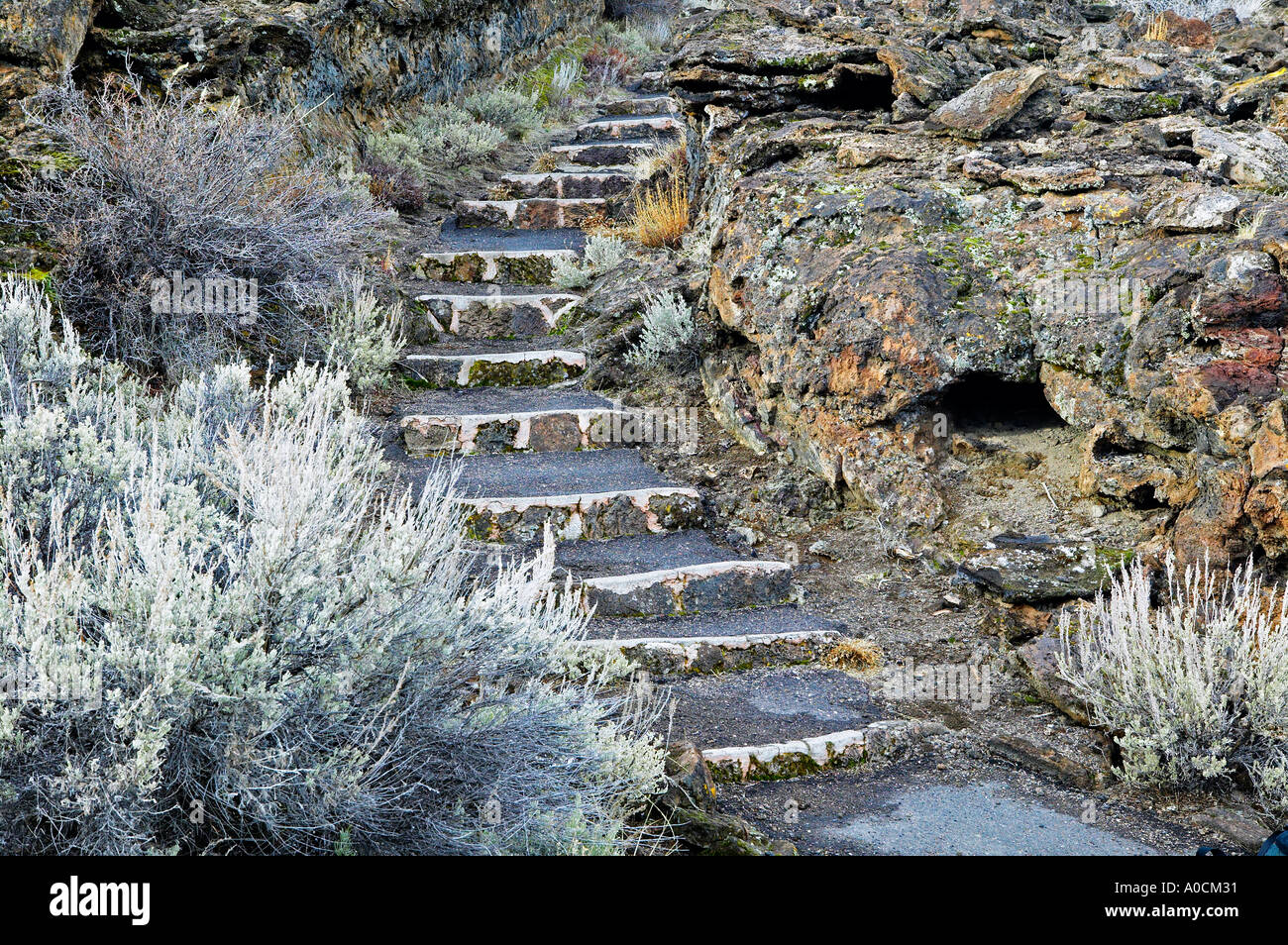 Steps in lava flow in park Tule Lake National Wildlife Refuge California Stock Photo
