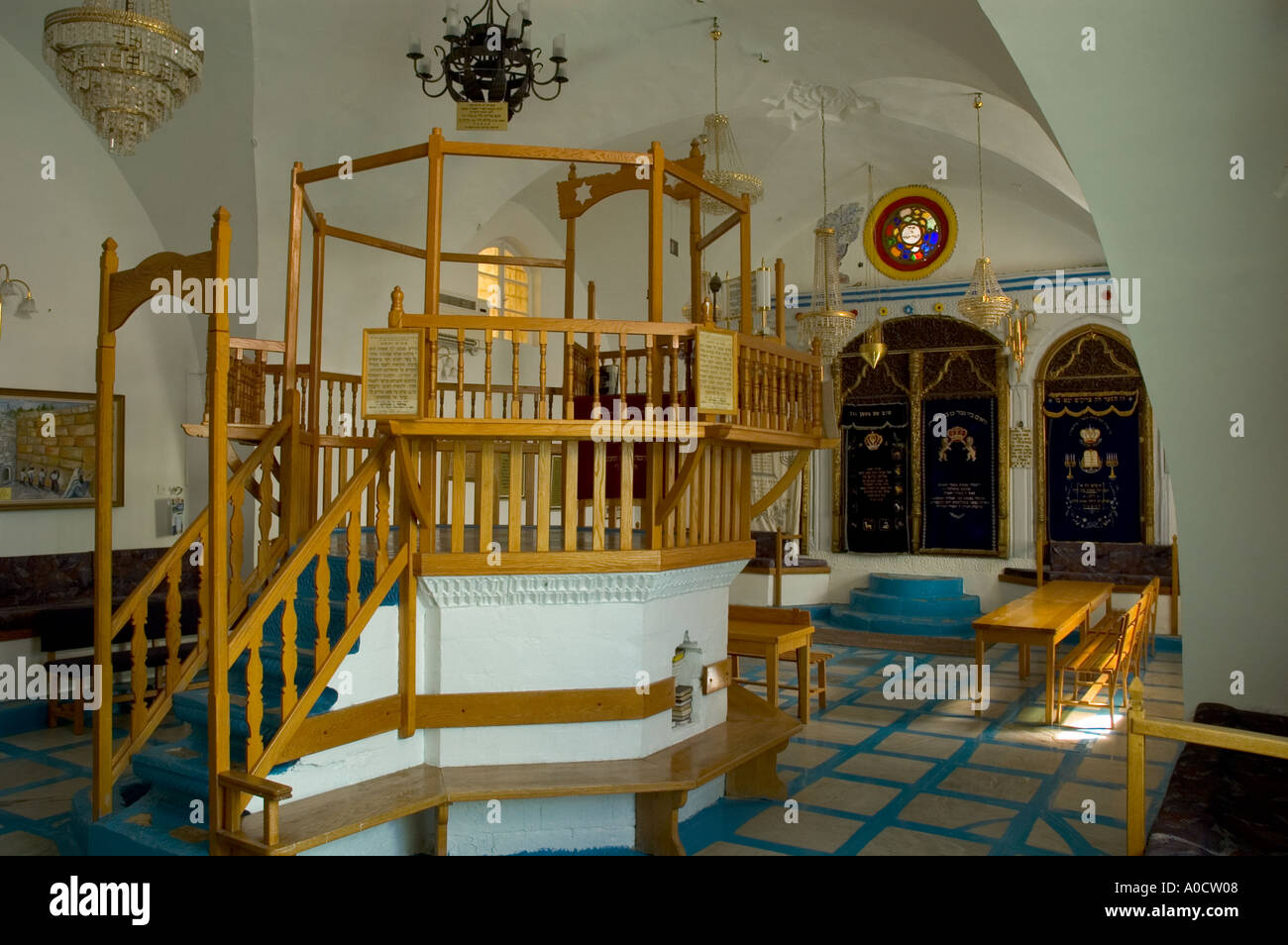 Israel Upper Galilee Safed Old City Haari Sepharadi Synagog interior view with entral stage Stock Photo