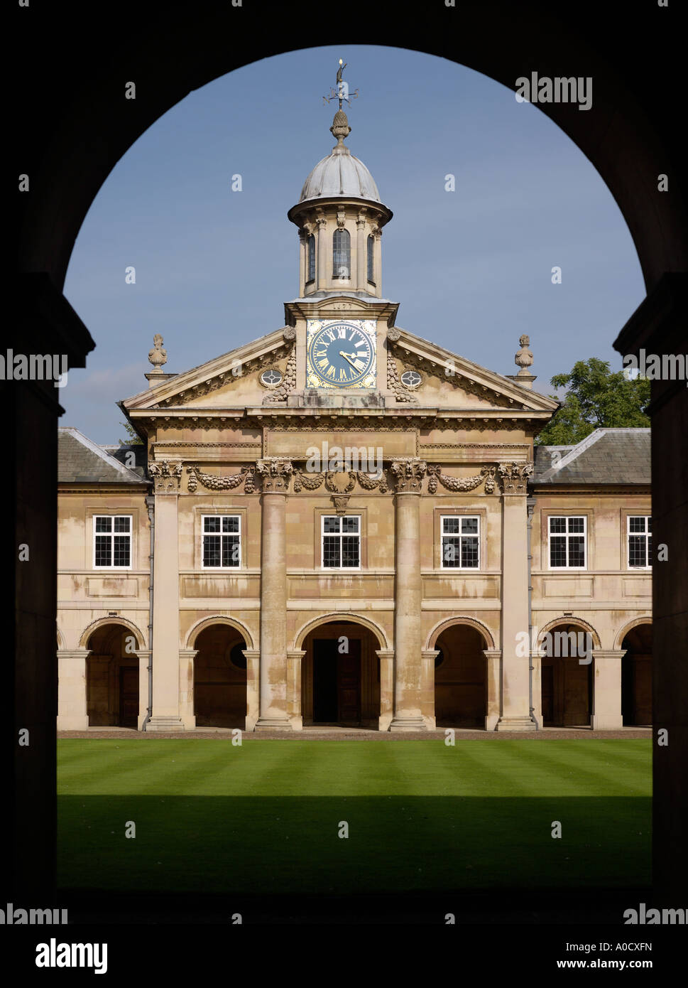 Emmanuel College Cambridge seen through entrance arch Stock Photo