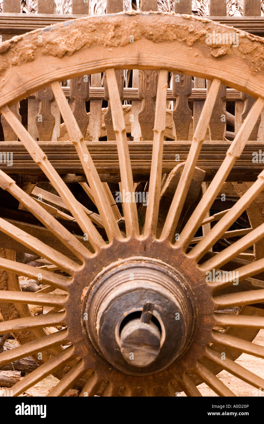 Stock photograph of a wooden wagon wheel made from teak in Myanmar 2006
