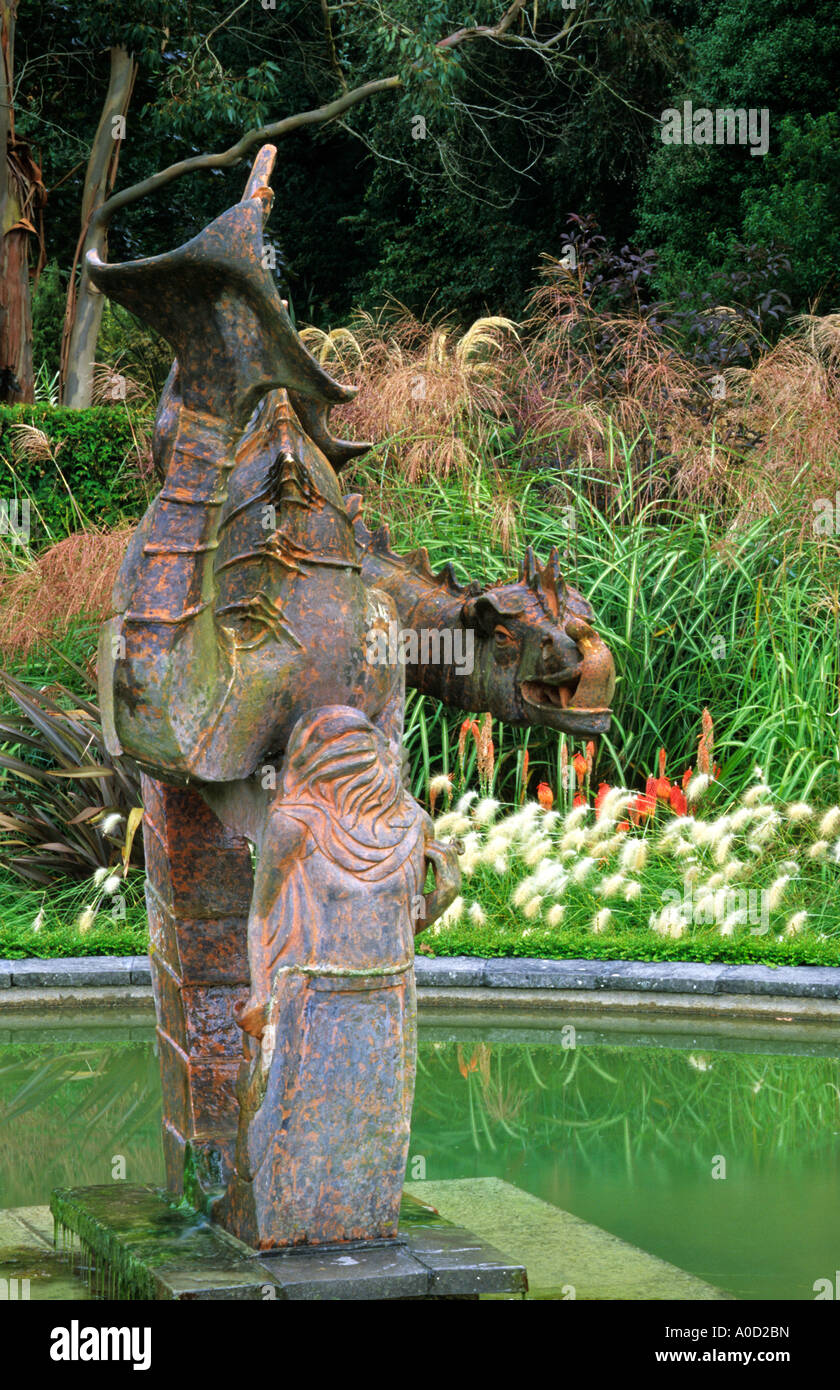THE SUNKEN ORNAMENTAL GRASS GARDEN WITH DRAGON SCULPTURE IN THE POND IN