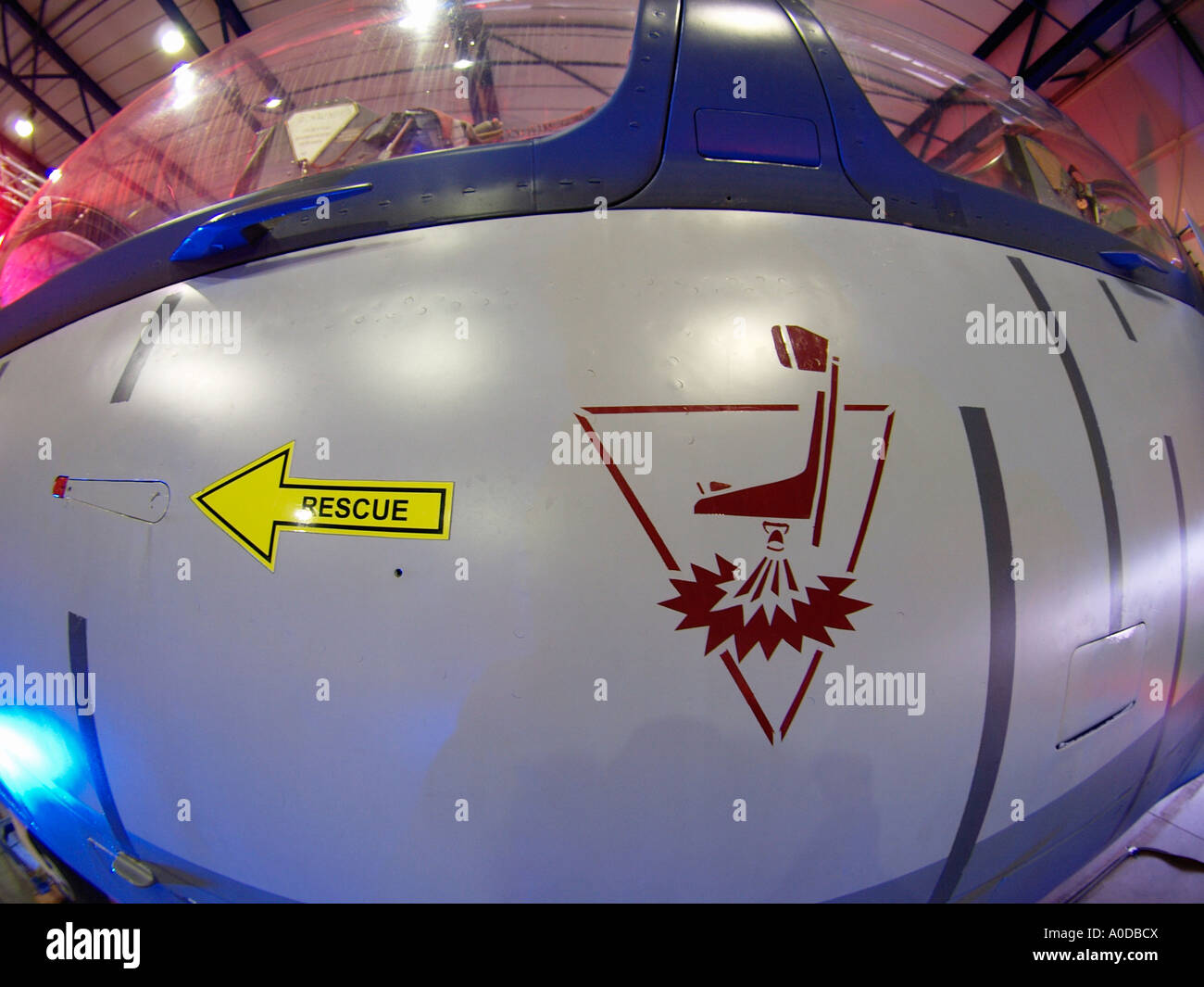 Ejector ejection seat warning sign on L39 Albatros two seater aeroplane jet fighter fisheye Stock Photo