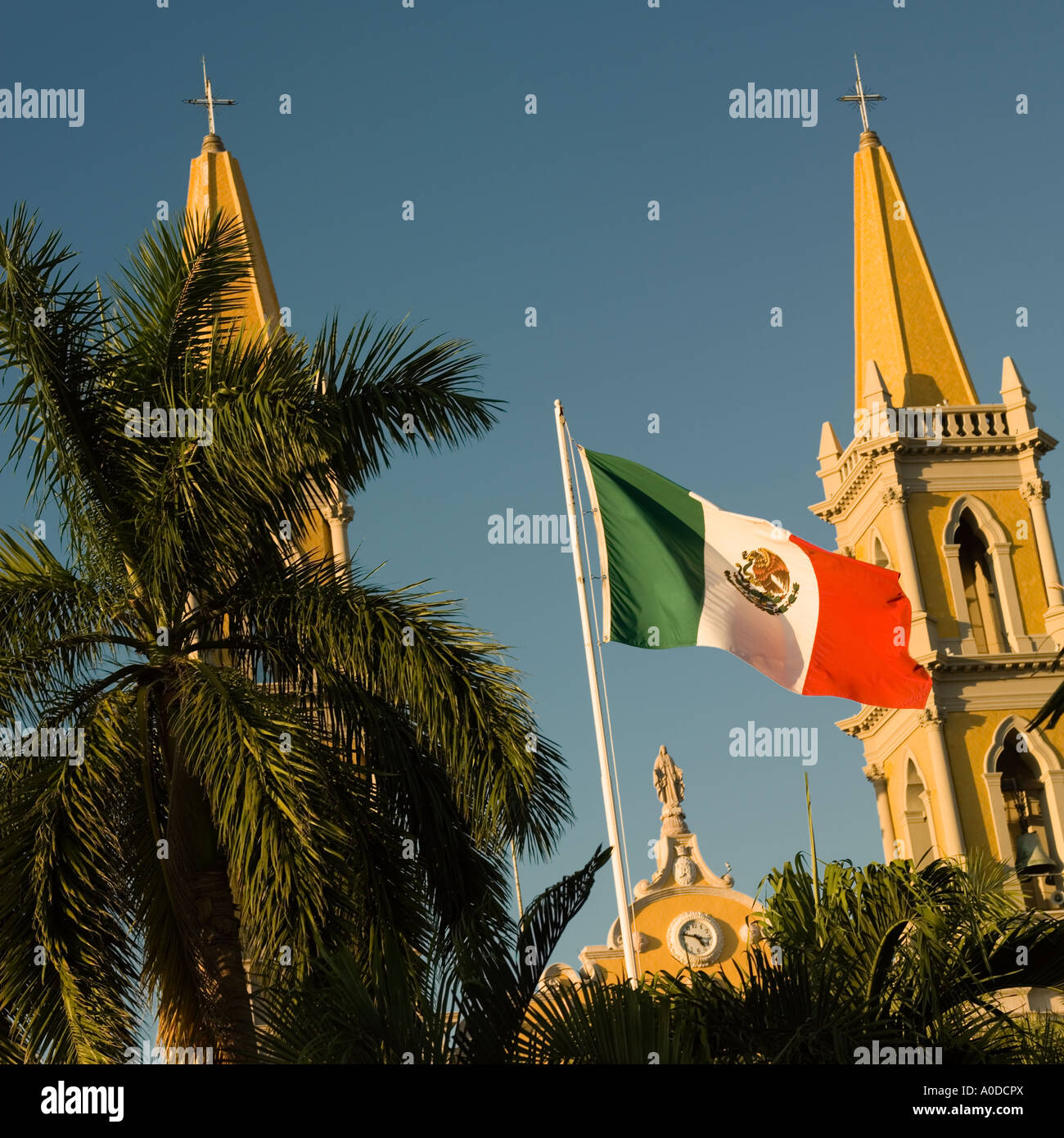 Cathedral and the Mexican National flag in Plaza Republica Mazatlan Sinaloa Mexico Stock Photo