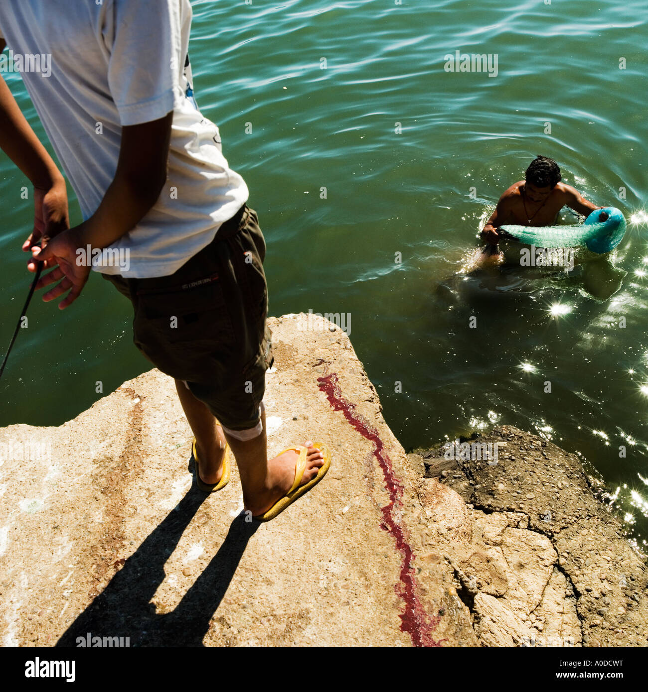 Fisherman retrieves his net off the quay Mazatlan Sinaloa Mexico Stock Photo
