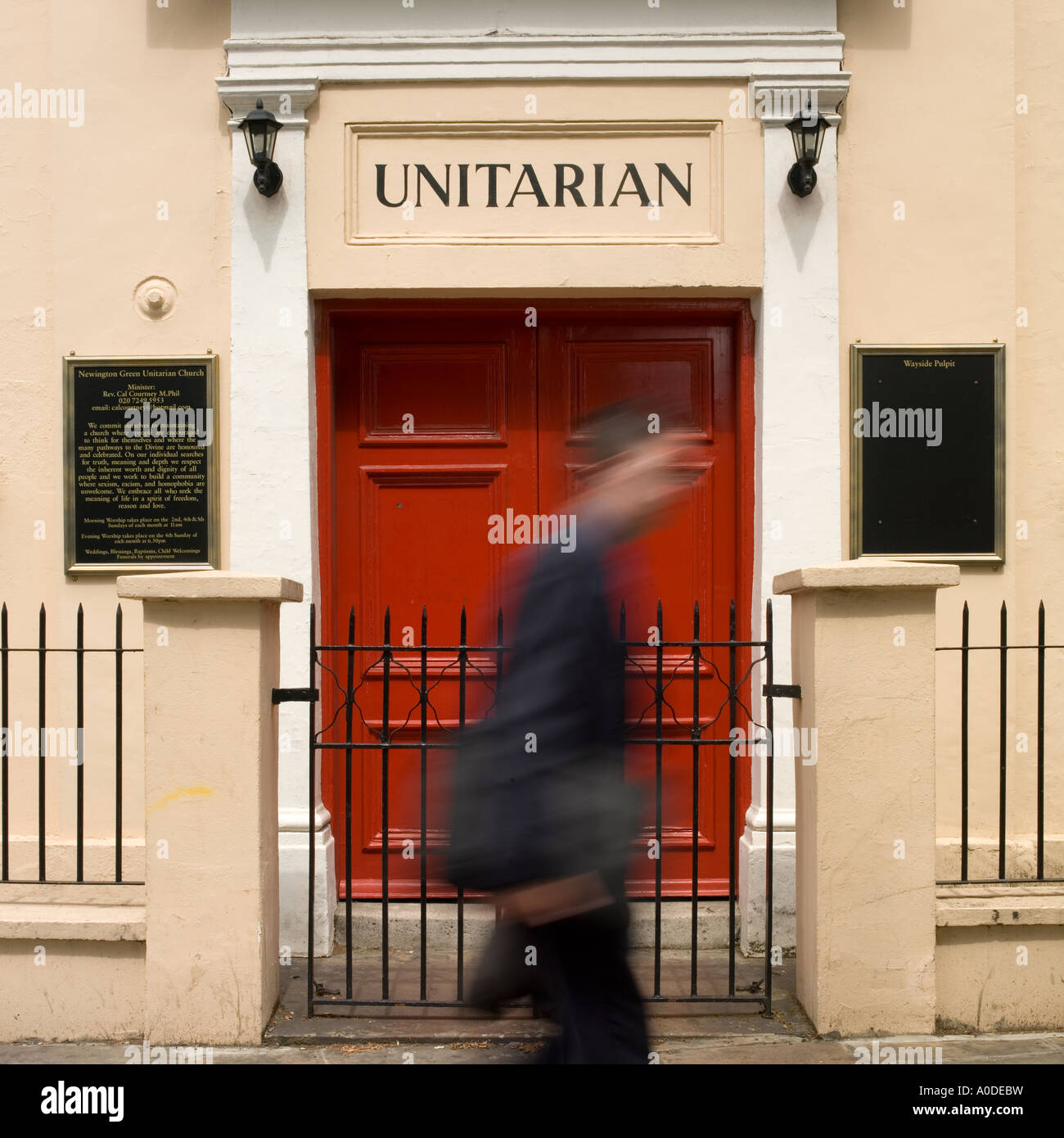 Unitarian Chapel  no model release required as silhouette, shadow, movement blur makes male figure unrecognisable Stock Photo
