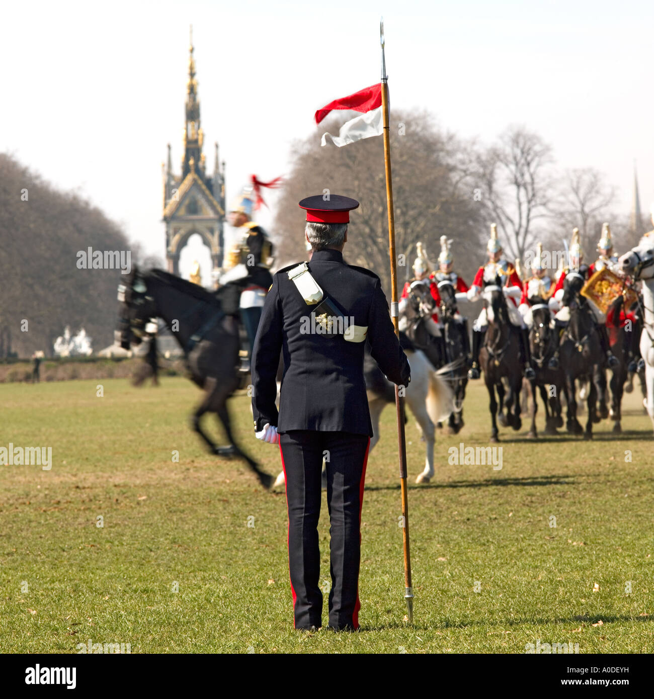 Household Cavalry training No model release required: back view, blur,  and uniform makes all unrecognizable Stock Photo